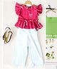 Bella Moda Cotton Frill Sleeves Floral Printed Top & Solid Pant Set - White