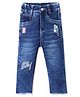 Olio Kids Denim Full Length Jeans with Text Print & Patch Detailing - Deep Blue