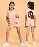Ninos Dreams Cotton Jersey Half Sleeeves Back Girl  Printed Tee & Shorts Set -  Peach