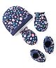 Babyhug 100% Cotton Knit Cap Mittens & Booties Set Floral Print - Navy Blue