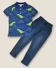 Kiwi Half Sleeves Animals Printed Polo Tee With Denim Pant Set - Blue