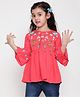 ISHTI Three Fourth Sleeves Floral Embroidered Top - Red