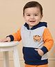 Doodle Poodle 100% Cotton Looper Knit Full Sleeves Hooded Sweatjacket With Tiger Embroidery Detailing & Kangaroo Pockets - Orange & Navy Blue