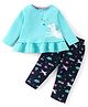 Simply Single Jersey Knit Full Sleeves Top & Lounge Pants Set With Unicorn Print - Blue