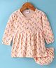Ben Benny 100% Cotton Interlock Knit Full Sleeves Front Open Frock with Bloomer Penguin Print - Light Peach