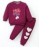 Little Darlings Fleece Knit Full Sleeves Winter Wear Sweatshirt & Joggers Set with Heart Patch & Embroidery - Wine