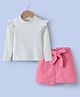 Kookie Kids Cotton Knit Full Sleeves Frill Detailed Top & Corduroy Skirt Set - White & Pink