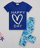 Sheer Love Cotton Jersey Knit Half Sleeves Happy Day Text & Heart Printed Tee With Pajama - Royal Blue