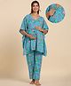 Ikk Kudi by Seerat Cotton Woven Three Fourth Batwing Sleeves Floral Motif Printed Kaftan Top With Zipper Nursing Access & Pant Set - Turquoise