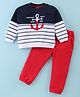 ToffyHouse 100% Cotton Knit Full Sleeves Striped T-Shirt & Lounge Pants Set With Nautical Theme Print - Navy White & Red
