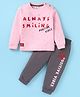 Mini Donuts Cotton Knit Full Sleeves T-Shirt & Lounge Pants Set With Text Print -Pink