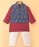 Exclusive from Jaipur Cotton Woven Full Sleeves Kurta Pyjama Set with Floral Printed Jacket - Red & Blue
