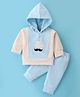 Mom's pet Full Sleeves Colour Block & Little Dude Text Embroidered Coordinating Hooded Tee With Pant - Blue