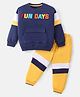 Babyhug Cotton Knit Full Sleeves T-Shirt & Lounge Pants Set With Kangaroo Pocket & Text Embroidery - Navy & Yellow