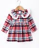 Simply Premium Cotton Woven Peter Pan Collar Full Sleeves Checkered Frock With Lace Detailing - Coral