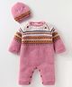 Yellow Apple Knit Full Raglan Sleeves Designed Winter Wear Romper & Cap Set - Pink