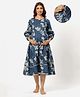 Ikk Kudi by Seerat Cotton Woven Three Fourth Sleeves Floral  Printed Dress With Concealed Zipper Nursing Access - Blue