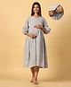 Ikk Kudi by Seerat Cotton Three Fourth Sleeves Lotus Printed Maternity Dress With Concealed Zipper Nursing Access - Grey