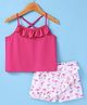 Pspeaches Sleeveless Cotton Frill Detailed Solid Top With Flamingo Printed Shorts - White