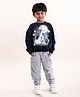 Kiddopanti Fleece Full Sleeves Shoes Printed Sweatshirt With Track Pants - Navy Blue & Grey Melange
