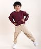 Kiddopanti Fleece Full Sleeves Side Brand Name Text Printed Sweatshirt With Solid Track Pant Set - Maroon & Beige