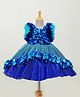 Li&Li BOUTIQUE Net Frill Sleeves Hand Crafted Floral Applique Detailed & Beads Embellished High Low Gown - Royal Blue & Teal Blue