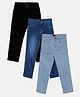 Kiddopanti Pack Of 3 Full Length Solid & Washed Stretchable Denim Jeans - Black Blue & Light Blue