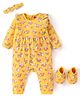 Babyhug 100 % Cotton Full Sleeves Romper with Hairband Booties Frill Detailing & Floral Print - Yellow