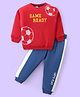 Babyhug Cotton Knit Full Sleeves T-Shirt & Lounge Pants Set With Football & Text Print - Red & Blue