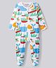 Bonfino Cotton Knit Full Sleeves Footed Sleepsuit With Sea Life Print - White & Blue