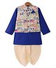 Saka Designs Cotton Woven Full Sleeves Solid Colour Kurta  Dhoti Set with Floral & Animal Printed Nehru Jacket - Navy Blue & Cream