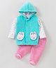 Wonderchild Interlock Animal Patch Detailed Hooded Jacket With Hearts Printed Top & Striped Pant - Green