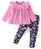 Babyhug Cotton Knit Full Sleeves Frill Detailed Top & Leggings Set With Floral Embroidery - Pink & Navy