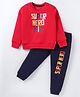 Bodycare Fleece Knit Full Sleeves T-Shirt & Lounge Pants Set With Text Print - Red & Navy