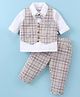 WOW Clothes Cotton Woven Full Sleeves Checkered 3 Piece Party Suit with Attached Bow & Monkey Patch - Tan