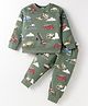 Smarty Boys Fleece Knit Full Sleeves Winter Wear T-Shirt & Lounge Pant Set With Vehicle Print - Olive Green