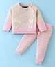 ToffyHouse Cotton Knitted Full Raglan Sleeves Sweater Set With Stripes & Pocket Patch Detailing - Beige & Baby Pink