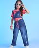 Ollington St. Cotton Knit Half Sleeves Text Printed Top With Denim Vest & Cargo Pants - Neon Pink & Indigo