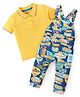 Babyhug Single Jersey Knit Half Sleeves Polo T-Shirt & Full Length Dungaree Set with Palm Beach Print  -Yellow & Navy
