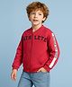 Arias Cotton Brushed Terry Front Open Bomber Jacket With Text Embroidery - Red