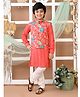 LIL PITAARA Pure Cotton Full Sleeves Chevron Printed Kurta & Pyjama With Floral Printed Jacket - Red