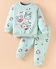 Teddy Fleece Knit Full Sleeves Winter Wear T-Shirt & Lounge Pant Set With Animal Print - Sea Green