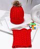 PASSION PETALS Fleece Cable Knit Designed & Pompom Embellished Warm Cap With Scarf Ear Cap Set - Red