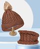PASSION PETALS Fleece Cable Knit Designed & Pompom Embellished Warm Cap With Scarf Ear Cap Set - Brown