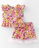 Lil' Drama Cotton Cap Sleeves Floral Printed Top With Coordinating Shorts Set - Multi Colour