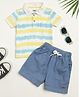 Milou Cotton Half Sleeves Striped Polo Tee With Solid Shorts Set - White & Blue