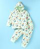 Doreme Full Sleeves Hooded Front Open Nightwear Suits Co-Ord Set With Tropical Theme & Elephants Print - Light Green