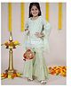 Kiddopanti Three Fourth Sleeves Chikankari Embroidered Sequins Embellished Kurta Sharara With Dupatta & Potli Bag - Light Green & Cream