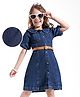 Hola Bonita Half Puffed Sleeves Cut & Sew Peter Pan Collared Denim Shirt Dress - Navy Blue