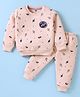 Simply Knit Full Sleeves Winter T-Shirt & Lounge Pant Set With Space Theme Print - Light Peach